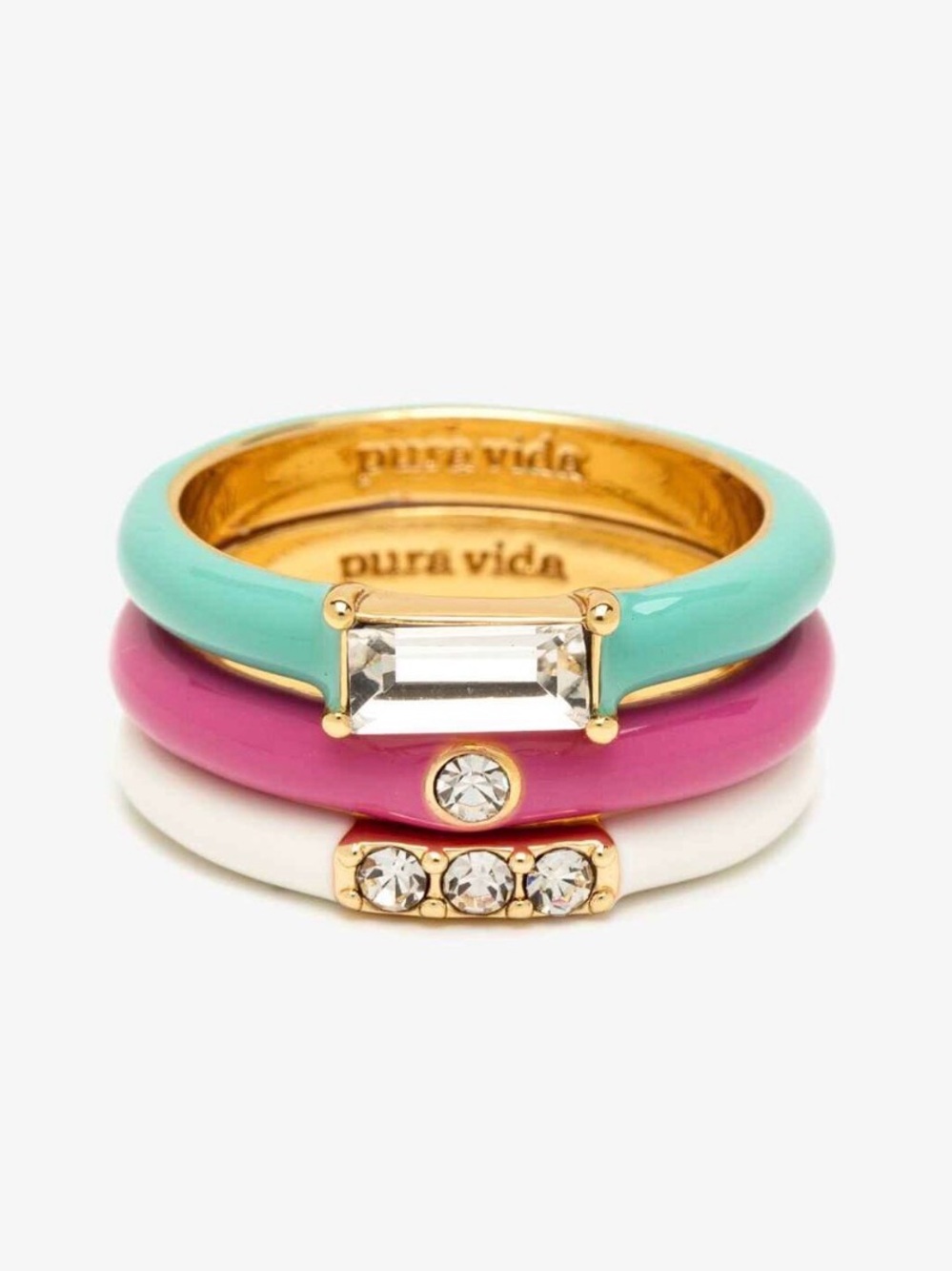 Pura Vida Mint, Pink & White Enamel Crystal Stack Rings